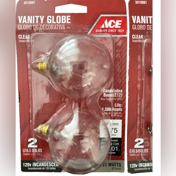 Lot of 2 Packs 4 Bulbs ACE Vanity Globe Candelabra 25 W Clear New - Picture 2 of 4